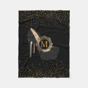 Chic Gold Confetti Monogram   Zwart op hoge hoogte Fleece Deken