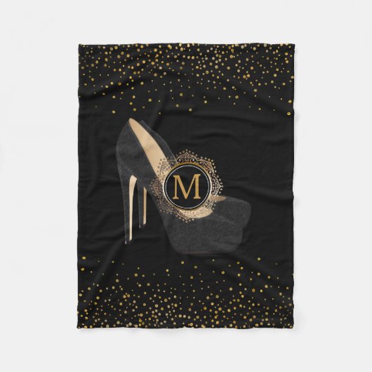 Chic Gold Confetti Monogram | Zwart op hoge hoogte Fleece Deken (Voorkant)