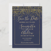 Chic gold confetti navy blue save the date bruilof (Voorkant)
