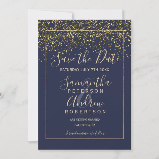 Chic gold confetti navy blue save the date bruilof (Voorkant)