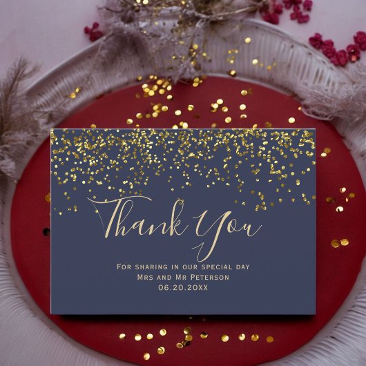 Chic Gold confetti navy blue typografie bedankt Kaart