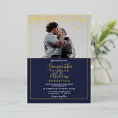 Chic Gold confetti navy typografie foto bruiloft Folie Uitnodiging (Staand Voorkant)