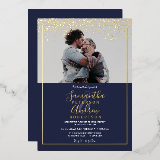 Chic Gold confetti navy typografie foto bruiloft Folie Uitnodiging (Voorkant / Achterkant)