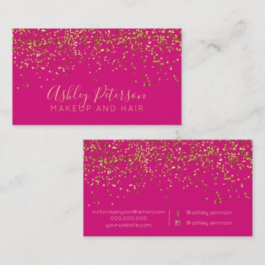Chic gold confetti neon roze make-up typografie visitekaartje (Voorkant / Achterkant)