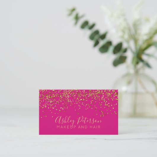 Chic gold confetti neon roze make-up typografie visitekaartje (Staand voorkant)