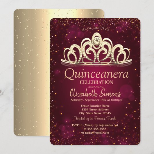 Chic Gold Confetti Tiara Burgundy Quinceañera Kaart (Voorkant / Achterkant)