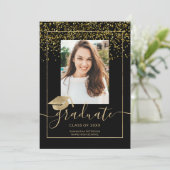 Chic Gold confetti zwarte typografie afstuderen Kaart (Staand voorkant)