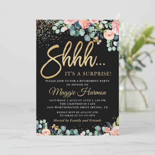 Chic Gold Coral Floral Surprise Retirement Party Kaart (Staand voorkant)