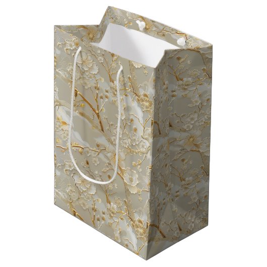 Chic gold cream floral medium cadeauzakje (Voorkant Gekanteld)