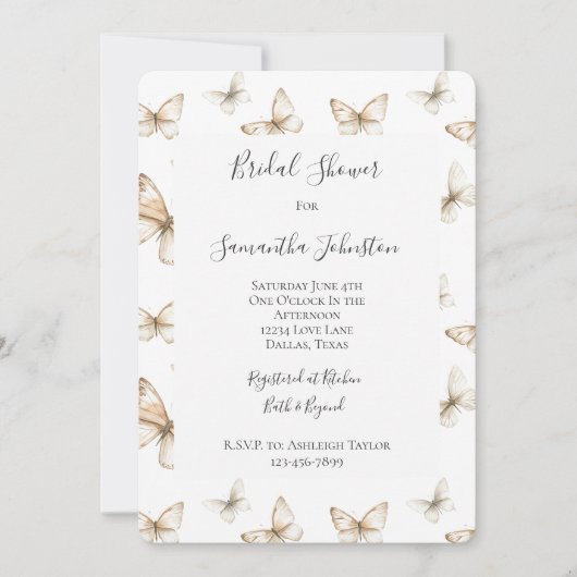 Chic Gold Cream White Butterflies Bridal Shower Kaart (Voorkant)