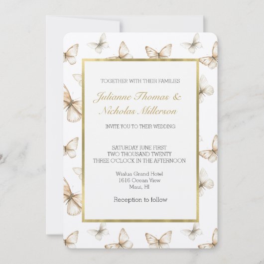 Chic Gold Cream White Butterflies Wedding   Kaart (Voorkant)