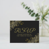 Chic Gold Curls & Swirls op Black Wedding RSVP Briefkaart (Staand voorkant)