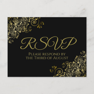 Chic Gold Curls & Swirls op Black Wedding RSVP Briefkaart