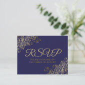 Chic Gold Curls & Swirls op Navy Wedding RSVP Briefkaart (Staand voorkant)