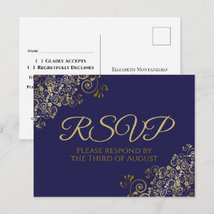 Chic Gold Curls & Swirls op Navy Wedding RSVP Briefkaart