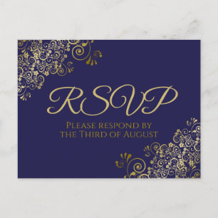 Chic Gold Curls & Swirls op Navy Wedding RSVP Briefkaart