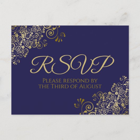 Chic Gold Curls & Swirls op Navy Wedding RSVP Briefkaart (Voorkant)