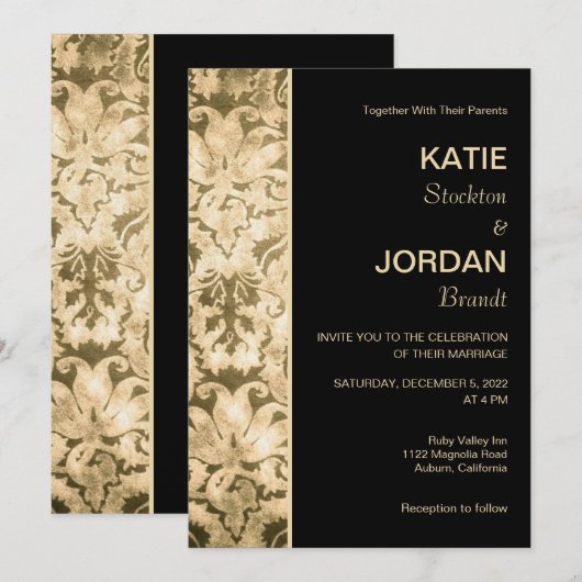 Chic Gold Damask Wedding Uitnodiging (Voorkant / Achterkant)