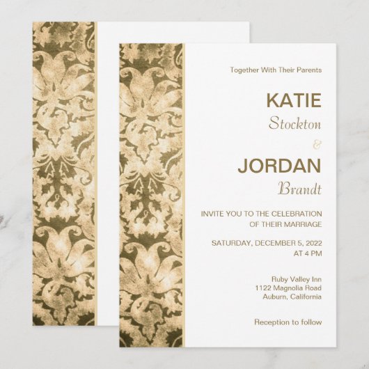 Chic Gold Damask Wedding Uitnodiging (Voorkant / Achterkant)
