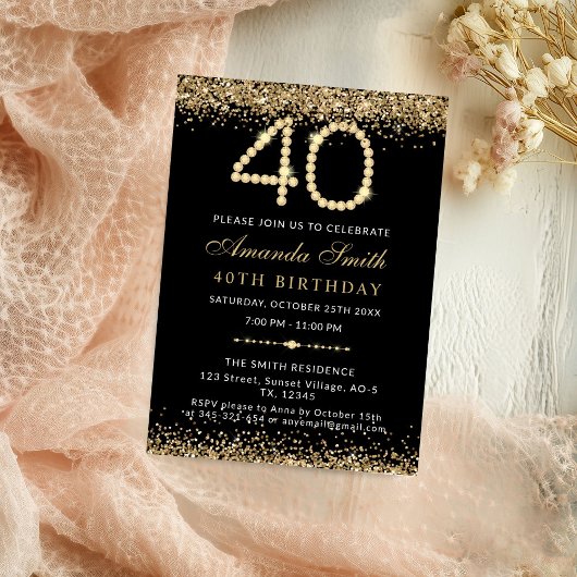 Chic Gold Diamonds 40th Birthday Party Invitation Kaart