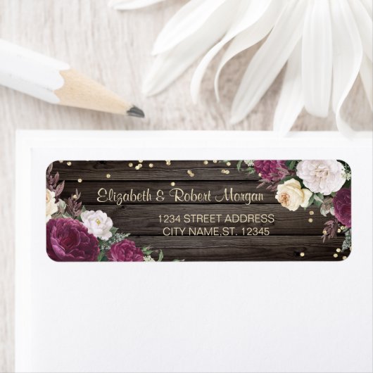 Chic Gold Diamonds Burgundy Flowers Wood Etiket (Insitu)