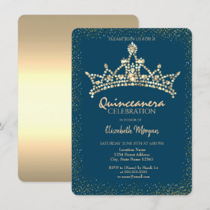 Chic Gold Diamonds Crown Blue Quinceañera Kaart