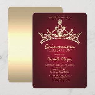 Chic Gold Diamonds Crown Burgundy Quinceañera Kaart