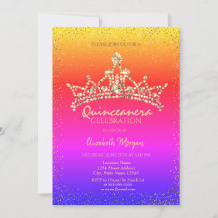 Chic Gold Diamonds Crown Colorful Quinceañera Kaart