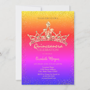 Chic Gold Diamonds Crown Colorful Quinceañera Kaart