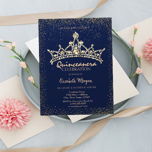 Chic Gold Diamonds Crown Navy Blue Quinceañera Kaart