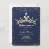 Chic Gold Diamonds Crown Navy Blue Quinceañera Kaart (Voorkant)