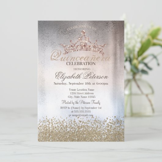 Chic Gold Diamonds, Tiara Metallic Quinceañera Kaart (Staand voorkant)