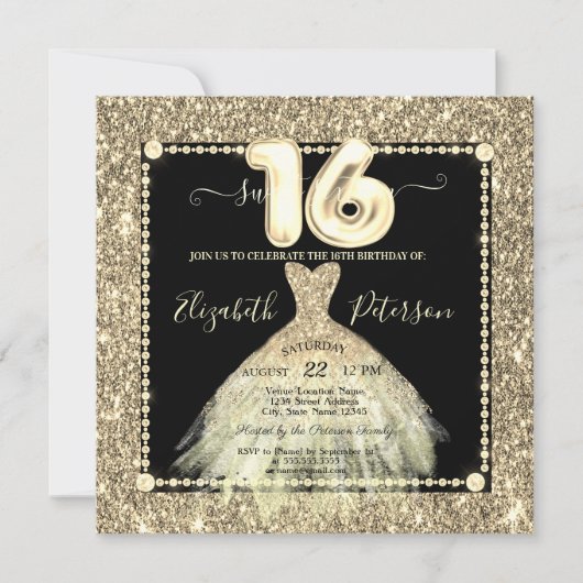 Chic Gold Dress Glitter Sweet 16 Kaart (Voorkant)