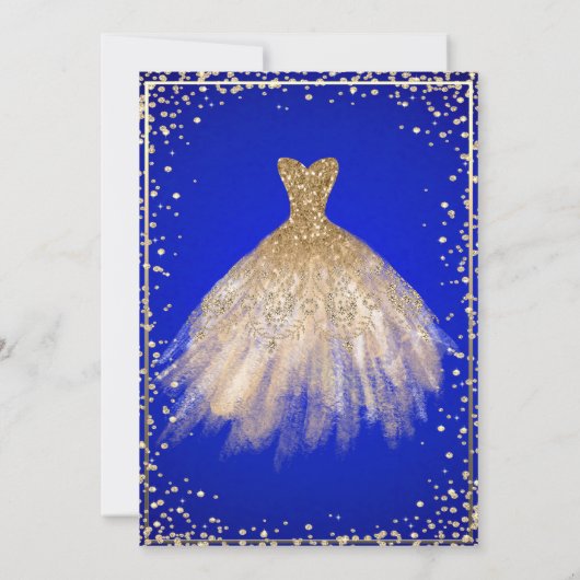 Chic Gold Dress Tiara, Blue Quinceañera Kaart (Achterkant)