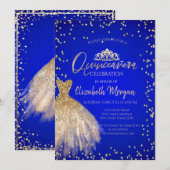 Chic Gold Dress Tiara, Blue Quinceañera Kaart (Voorkant / Achterkant)