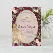 Chic Gold Dress Tiara, Burgundy Rozen Quinceañera Kaart (Staand voorkant)