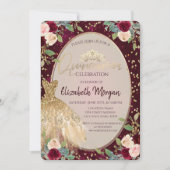 Chic Gold Dress Tiara, Burgundy Rozen Quinceañera Kaart (Voorkant)