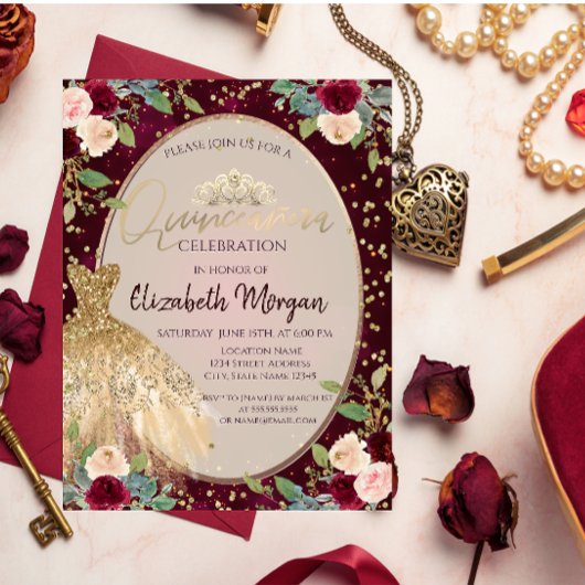 Chic Gold Dress Tiara, Burgundy Rozen Quinceañera Kaart