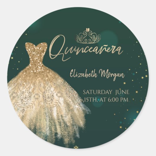 Chic Gold Dress Tiara, Diamonds Green Quinceañera Ronde Sticker (Voorkant)