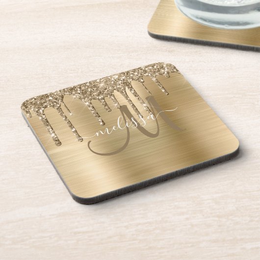 Chic Gold Dripping Glitter Brushed Metal Monogram Bier Onderzetter (Linkerzijde)