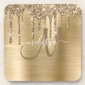 Chic Gold Dripping Glitter Brushed Metal Monogram Bier Onderzetter (Voorkant)