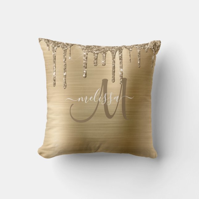 Chic Gold Dripping Glitter Brushed Metal Monogram Kussen (Voorkant)