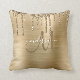 Chic Gold Dripping Glitter Brushed Metal Monogram Kussen