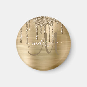 Chic Gold Dripping Glitter Brushed Metal Monogram Magneet