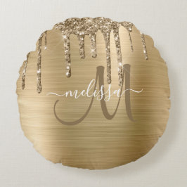 Chic Gold Dripping Glitter Brushed Metal Monogram Rond Kussen