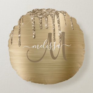 Chic Gold Dripping Glitter Brushed Metal Monogram Rond Kussen