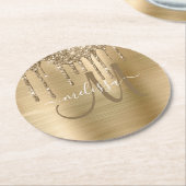 Chic Gold Dripping Glitter Brushed Metal Monogram Ronde Kartonnen Onderzetter (Gebogen)