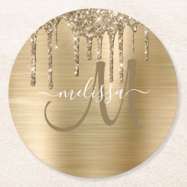 Chic Gold Dripping Glitter Brushed Metal Monogram Ronde Kartonnen Onderzetter