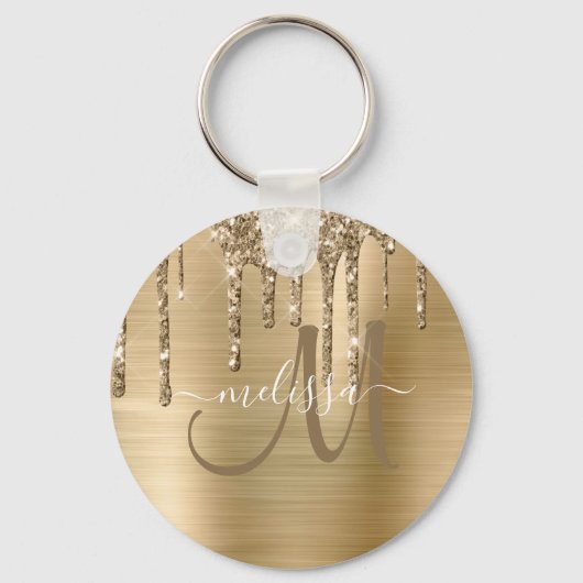 Chic Gold Dripping Glitter Brushed Metal Monogram Sleutelhanger (Achterkant)