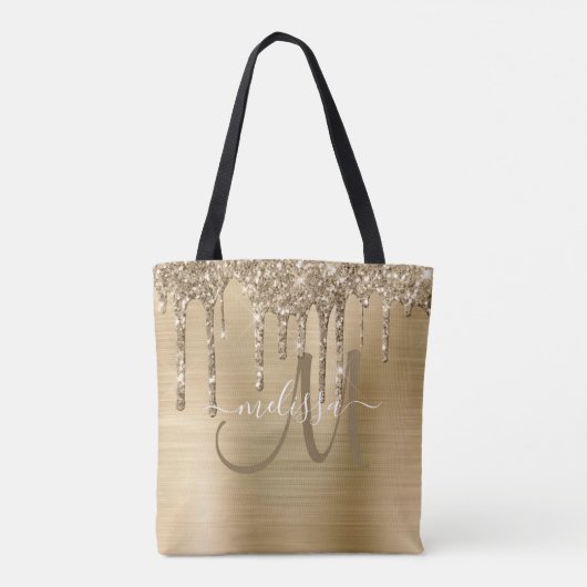Chic Gold Dripping Glitter Brushed Metal Monogram Tote Bag (Achterkant)